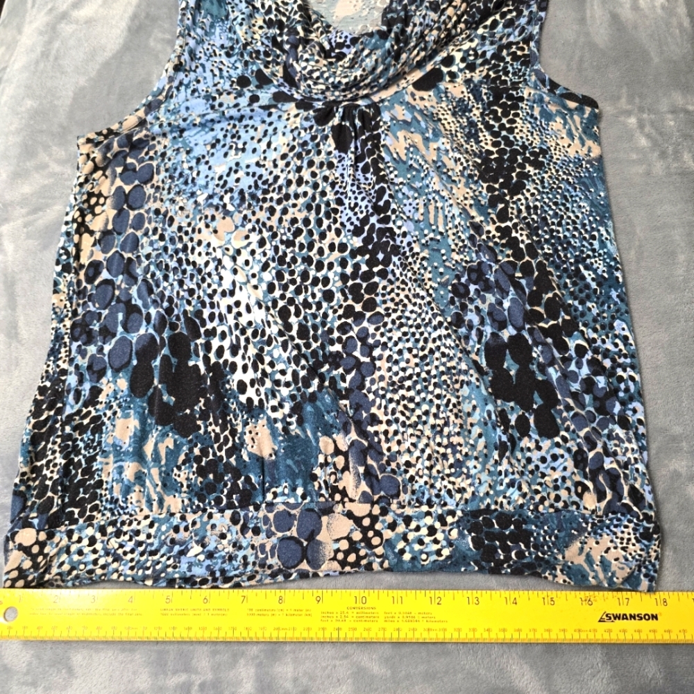 2/$30 August Silk Blue Leopard Print Sleeveless Cowl Neck Womens Blouse Size L - Picture 7 of 11